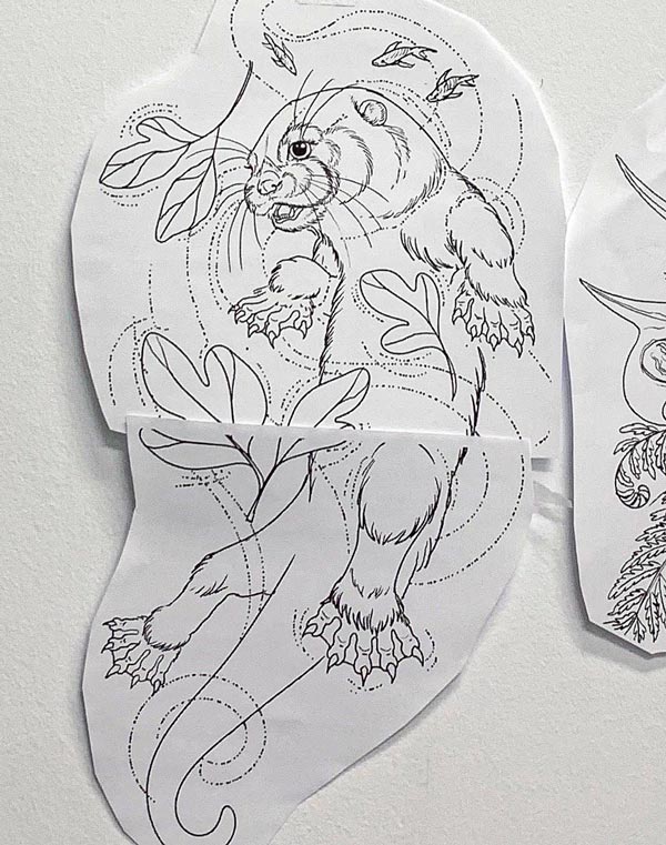 Otter and leaves black and white linework