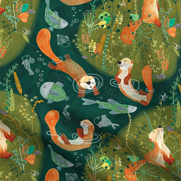 Playful Otters By The River Cotton Fabric